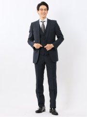 光沢ウール混ストレッチ スリムフィット 2ボタン3ピーススーツ シャドーストライプ青