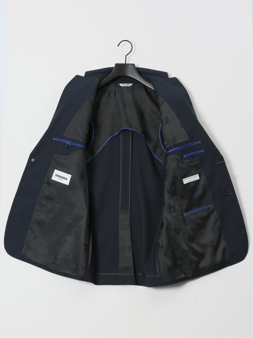 光沢ウール混ストレッチ スリムフィット 2ボタン3ピーススーツ シャドーストライプ青