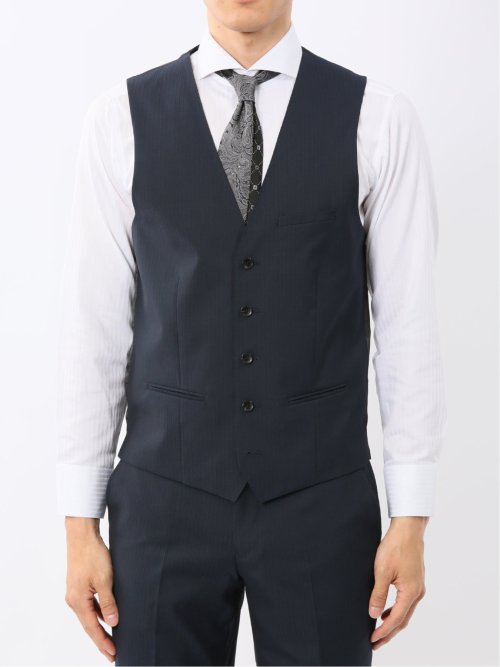 光沢ウール混ストレッチ スリムフィット 2ボタン3ピーススーツ シャドーストライプ青