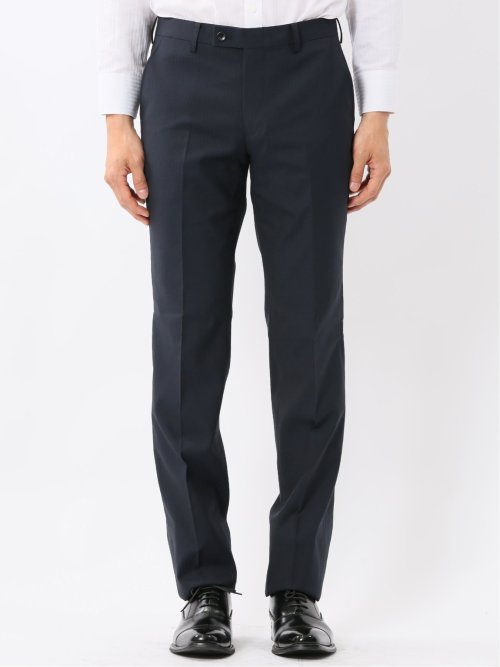 光沢ウール混ストレッチ スリムフィット 2ボタン3ピーススーツ シャドーストライプ青