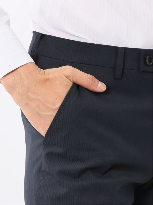 光沢ウール混ストレッチ スリムフィット 2ボタン3ピーススーツ シャドーストライプ青