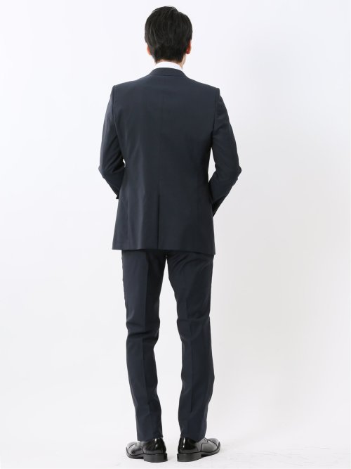 光沢ウール混ストレッチ スリムフィット 2ボタン3ピーススーツ シャドーストライプ青