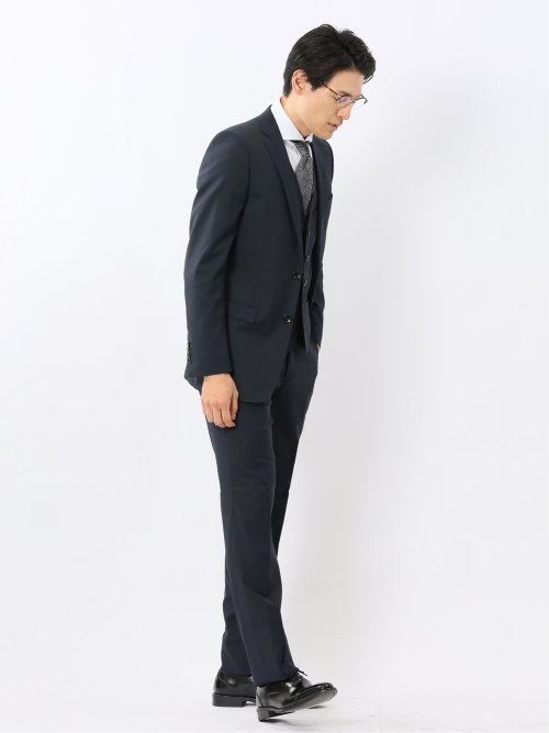 光沢ウール混ストレッチ スリムフィット 2ボタン3ピーススーツ シャドーストライプ青