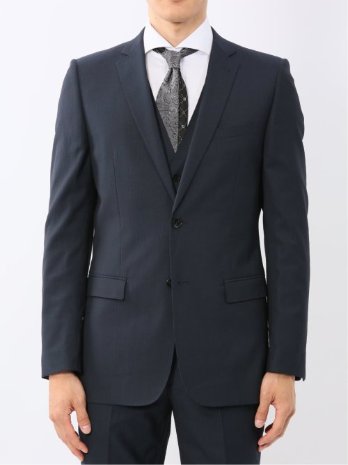 光沢ウール混ストレッチ スリムフィット 2ボタン3ピーススーツ シャドーストライプ青