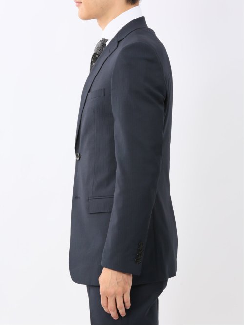 光沢ウール混ストレッチ スリムフィット 2ボタン3ピーススーツ シャドーストライプ青