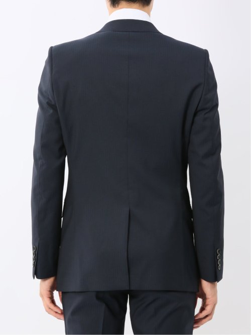 光沢ウール混ストレッチ スリムフィット 2ボタン3ピーススーツ シャドーストライプ青