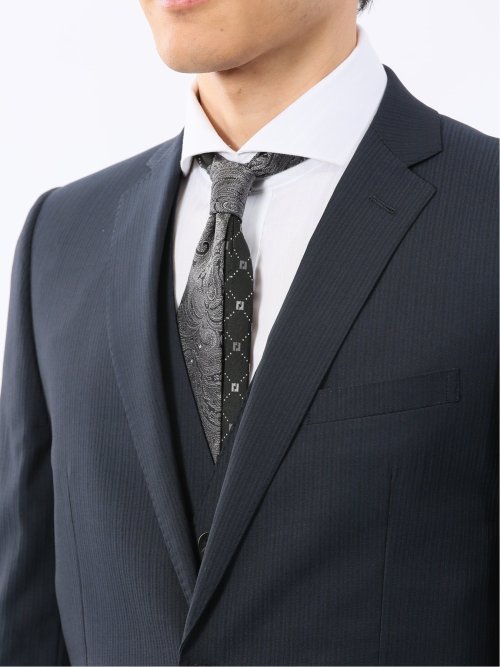 光沢ウール混ストレッチ スリムフィット 2ボタン3ピーススーツ シャドーストライプ青