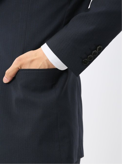 光沢ウール混ストレッチ スリムフィット 2ボタン3ピーススーツ シャドーストライプ青