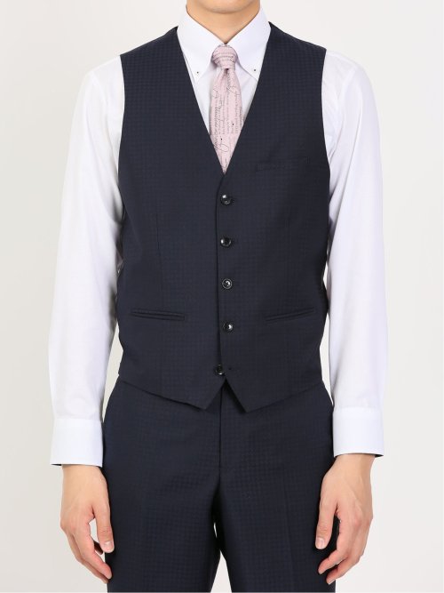 超光沢ストレッチ スリムフィット 2ボタン3ピーススーツ 千鳥紺