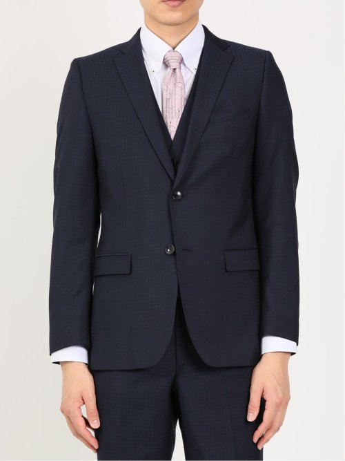 超光沢ストレッチ スリムフィット 2ボタン3ピーススーツ 千鳥紺