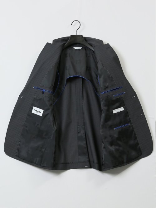 超光沢ストレッチ スリムフィット 2ボタン3ピーススーツ シャドーストライプグレー