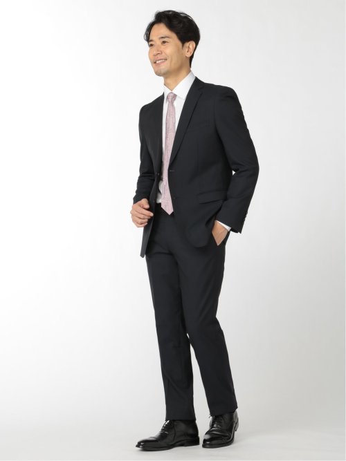 軽量光沢ストレッチ スリムフィット 2ボタン2ピーススーツ シャドーストライプ紺