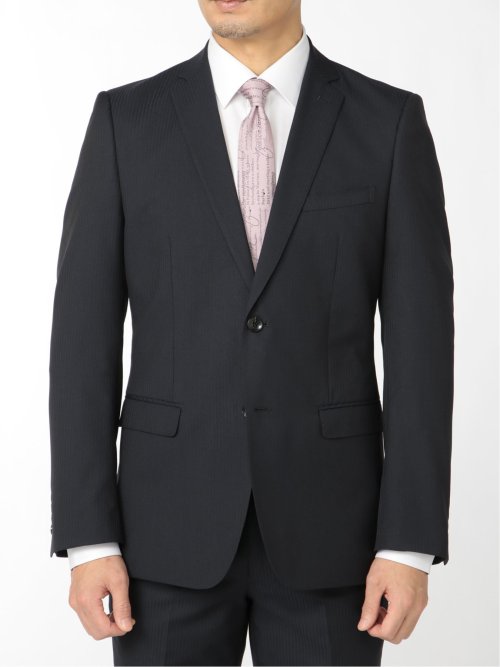 軽量光沢ストレッチ スリムフィット 2ボタン2ピーススーツ シャドーストライプ紺