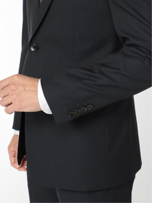 軽量光沢ストレッチ スリムフィット 2ボタン2ピーススーツ シャドーストライプ紺