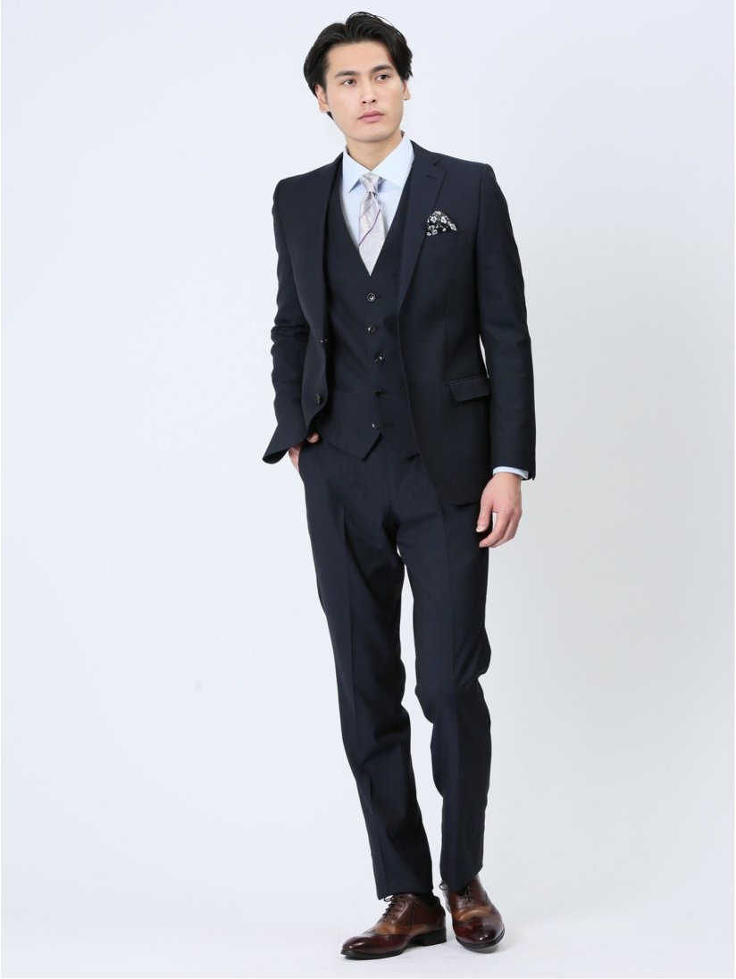 超光沢ストレッチ スリムフィット 2ボタン3ピーススーツ シャドー  