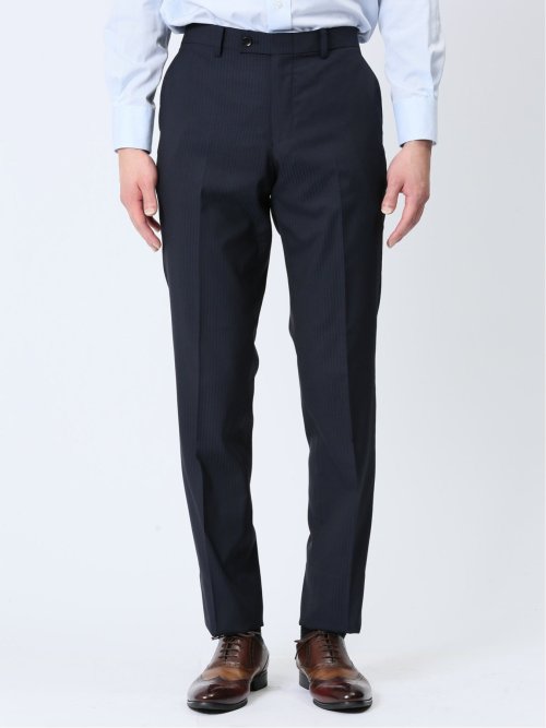 超光沢ストレッチ スリムフィット 2ボタン3ピーススーツ シャドーストライプ紺