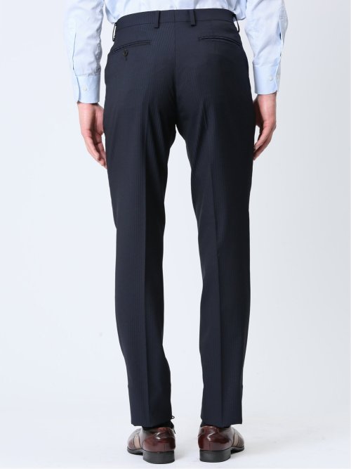 超光沢ストレッチ スリムフィット 2ボタン3ピーススーツ シャドーストライプ紺