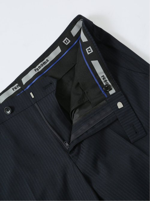 超光沢ストレッチ スリムフィット 2ボタン3ピーススーツ シャドーストライプ紺