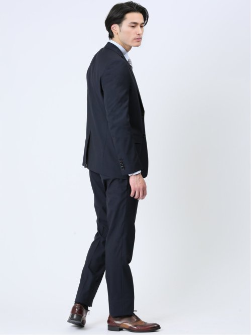 超光沢ストレッチ スリムフィット 2ボタン3ピーススーツ シャドーストライプ紺