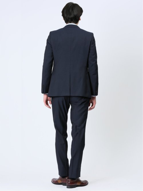 超光沢ストレッチ スリムフィット 2ボタン3ピーススーツ シャドーストライプ紺