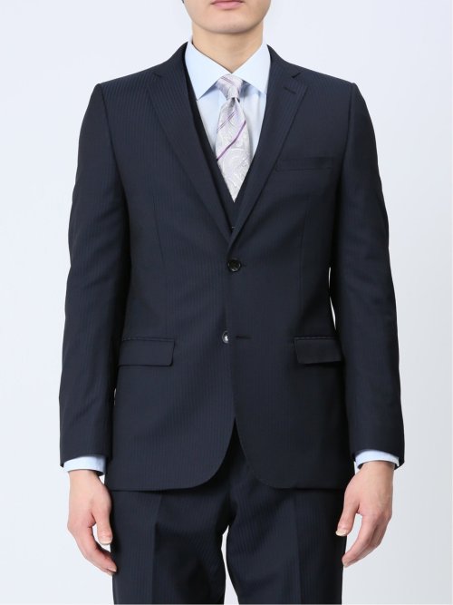 超光沢ストレッチ スリムフィット 2ボタン3ピーススーツ シャドーストライプ紺