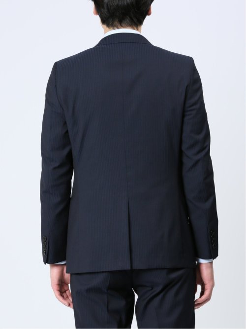 超光沢ストレッチ スリムフィット 2ボタン3ピーススーツ シャドーストライプ紺