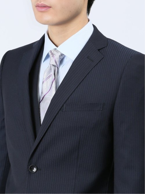 超光沢ストレッチ スリムフィット 2ボタン3ピーススーツ シャドーストライプ紺