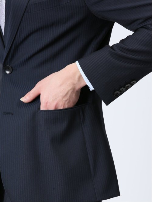 超光沢ストレッチ スリムフィット 2ボタン3ピーススーツ シャドーストライプ紺