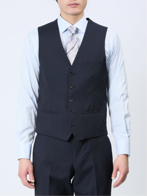 超光沢ストレッチ スリムフィット 2ボタン3ピーススーツ シャドーストライプ紺