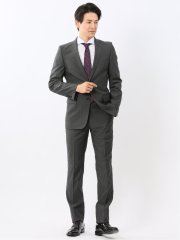 光沢ウール混ストレッチ スリムフィット 2ボタン2ピーススーツ シャドーストライプグレー