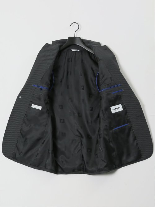 光沢ウール混ストレッチ スリムフィット 2ボタン2ピーススーツ シャドーストライプグレー