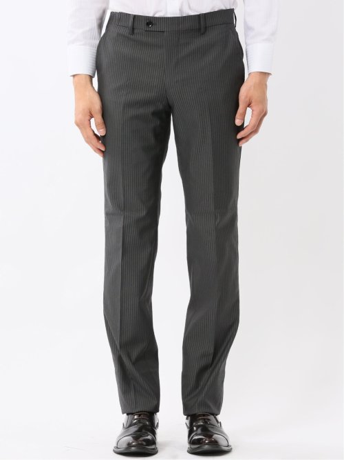 光沢ウール混ストレッチ スリムフィット 2ボタン2ピーススーツ シャドーストライプグレー