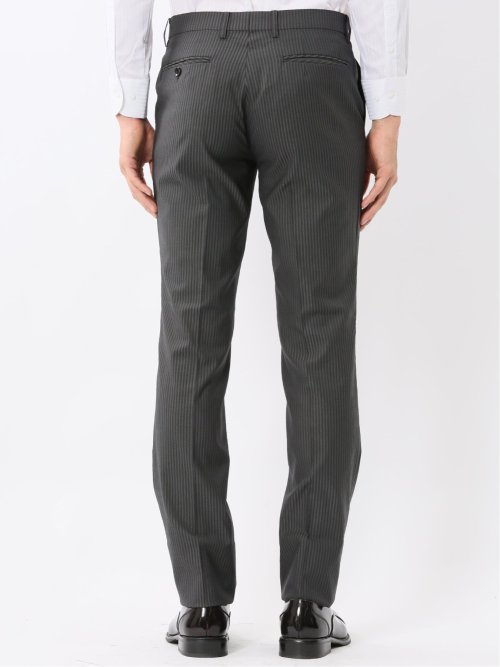 光沢ウール混ストレッチ スリムフィット 2ボタン2ピーススーツ シャドーストライプグレー