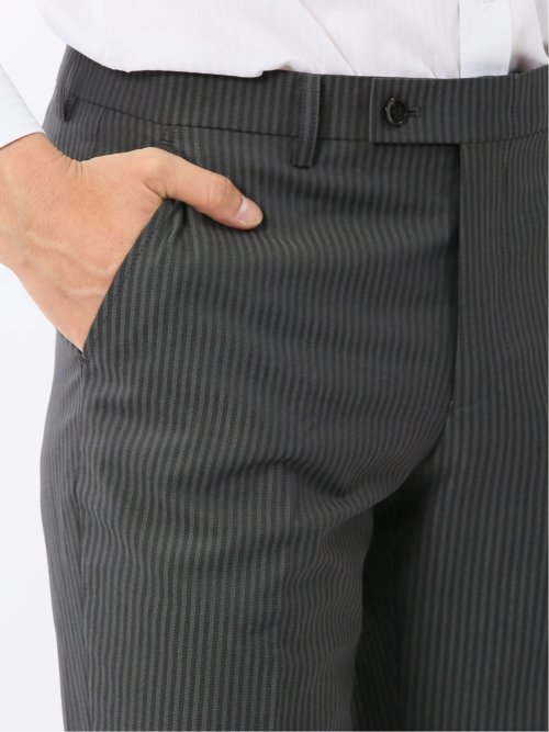 光沢ウール混ストレッチ スリムフィット 2ボタン2ピーススーツ シャドーストライプグレー