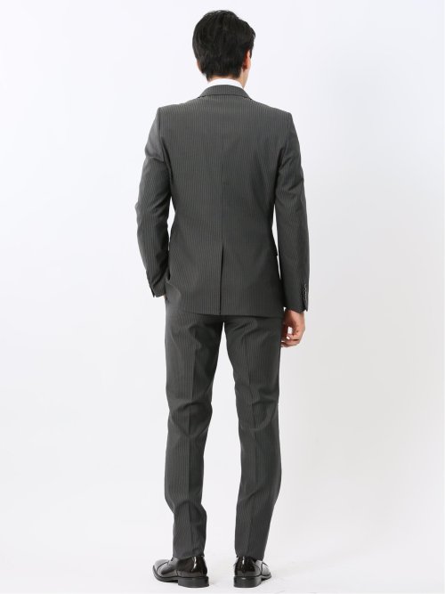 光沢ウール混ストレッチ スリムフィット 2ボタン2ピーススーツ シャドーストライプグレー