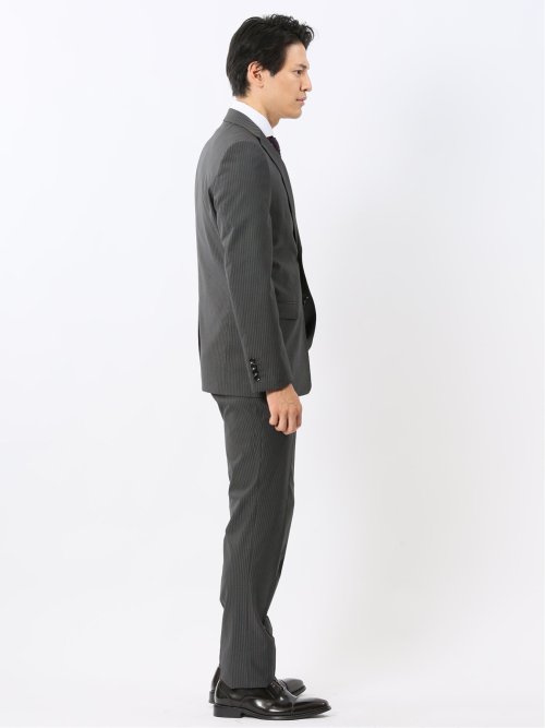 光沢ウール混ストレッチ スリムフィット 2ボタン2ピーススーツ シャドーストライプグレー