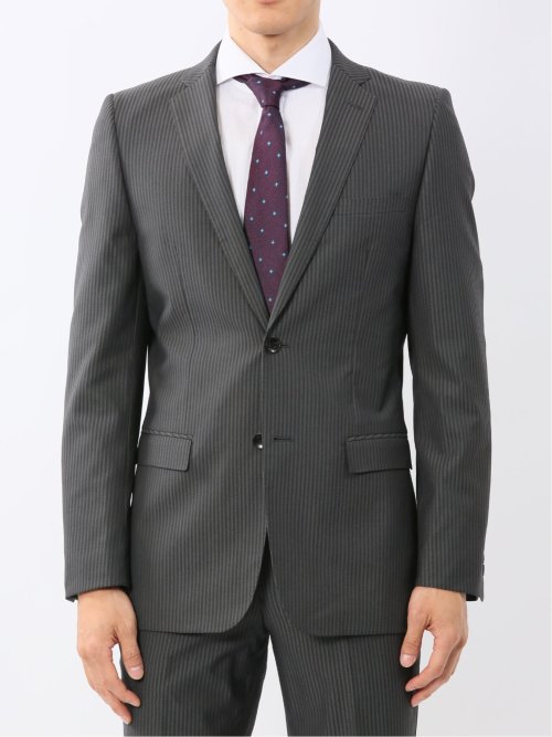 光沢ウール混ストレッチ スリムフィット 2ボタン2ピーススーツ シャドーストライプグレー