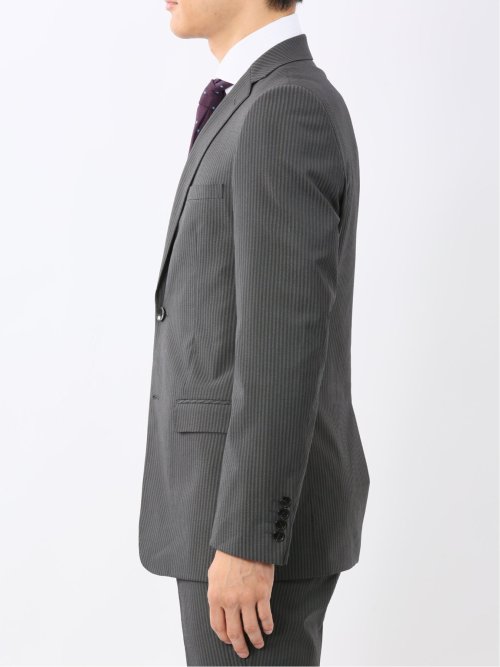 光沢ウール混ストレッチ スリムフィット 2ボタン2ピーススーツ シャドーストライプグレー