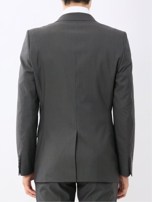 光沢ウール混ストレッチ スリムフィット 2ボタン2ピーススーツ シャドーストライプグレー