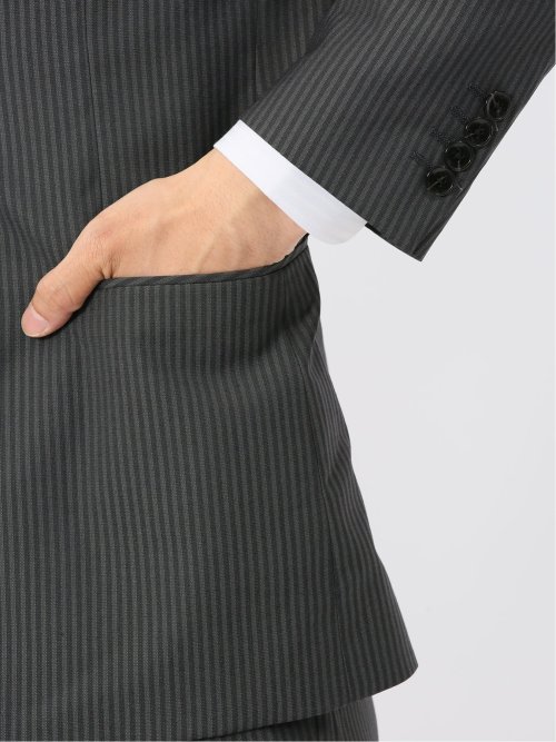 光沢ウール混ストレッチ スリムフィット 2ボタン2ピーススーツ シャドーストライプグレー