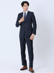 光沢ストレッチ スリムフィット 2ボタン2ピーススーツ ヘリンボン紺