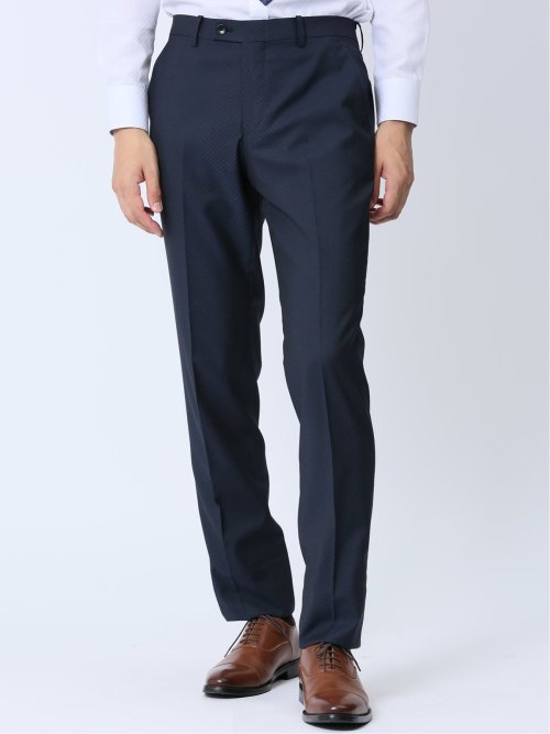 光沢ストレッチ スリムフィット 2ボタン2ピーススーツ ヘリンボン紺