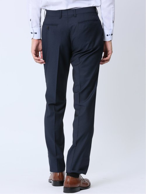 光沢ストレッチ スリムフィット 2ボタン2ピーススーツ ヘリンボン紺