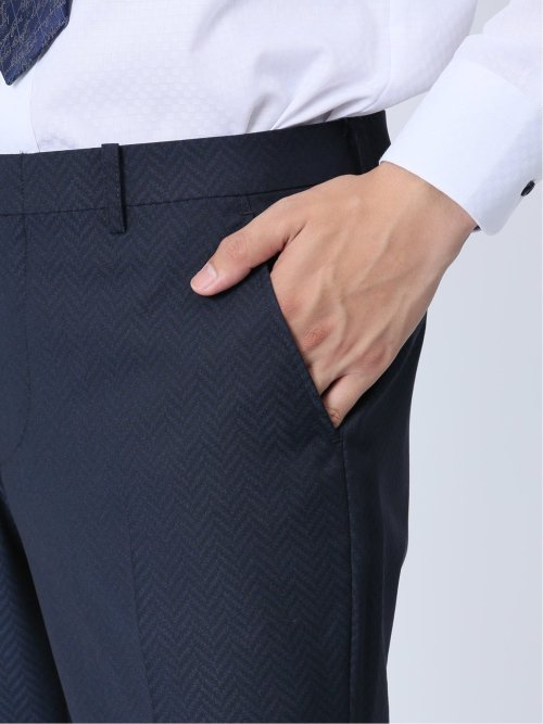 光沢ストレッチ スリムフィット 2ボタン2ピーススーツ ヘリンボン紺