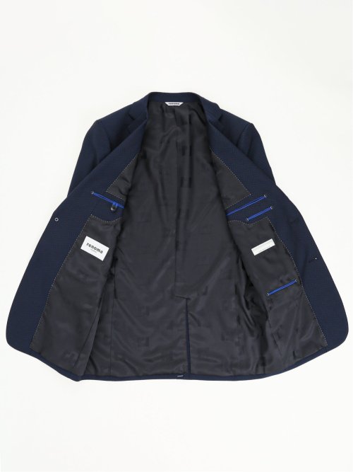 光沢ストレッチ スリムフィット 2ボタン2ピーススーツ ヘリンボン紺