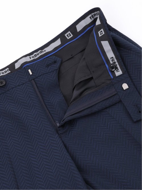 光沢ストレッチ スリムフィット 2ボタン2ピーススーツ ヘリンボン紺