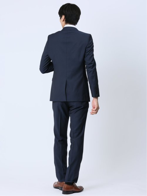 光沢ストレッチ スリムフィット 2ボタン2ピーススーツ ヘリンボン紺