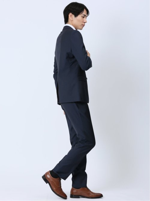 光沢ストレッチ スリムフィット 2ボタン2ピーススーツ ヘリンボン紺