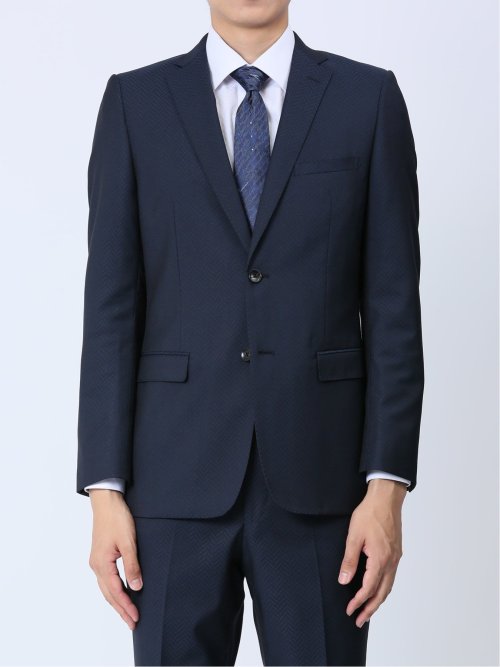 光沢ストレッチ スリムフィット 2ボタン2ピーススーツ ヘリンボン紺