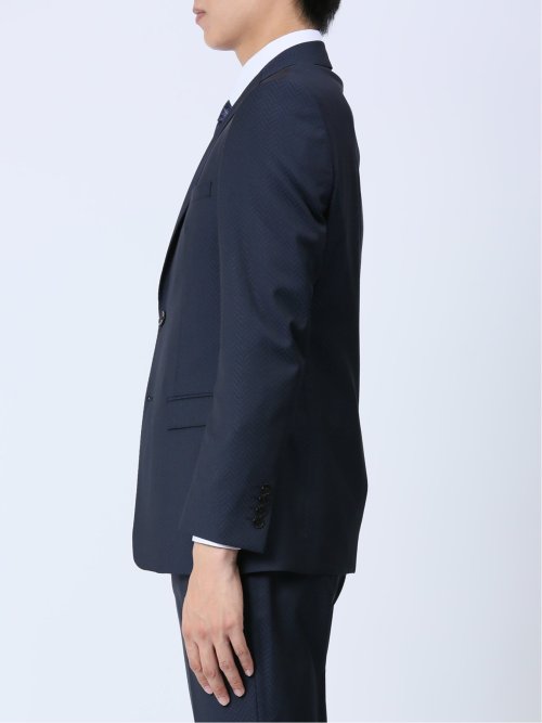 光沢ストレッチ スリムフィット 2ボタン2ピーススーツ ヘリンボン紺